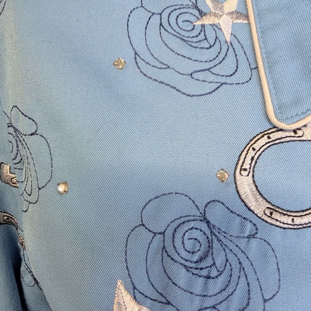 Scully Western-Style Snap Button-Up Shirt Piping Horseshoes Roses Rhinestone SzM - Picture 3 of 7